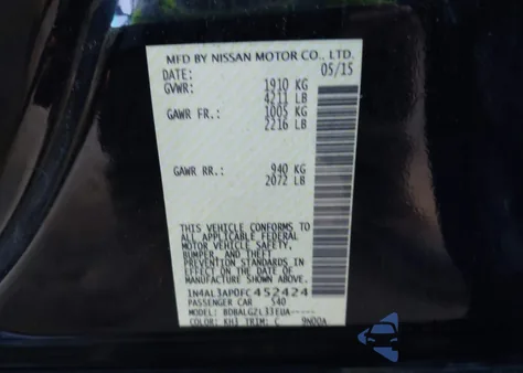 2015 Nissan Altima 2.5/2.5 S/2.5 Sl/2.5 Sv из США, поврежденный, VIN 1N4AL3AP0FC452424